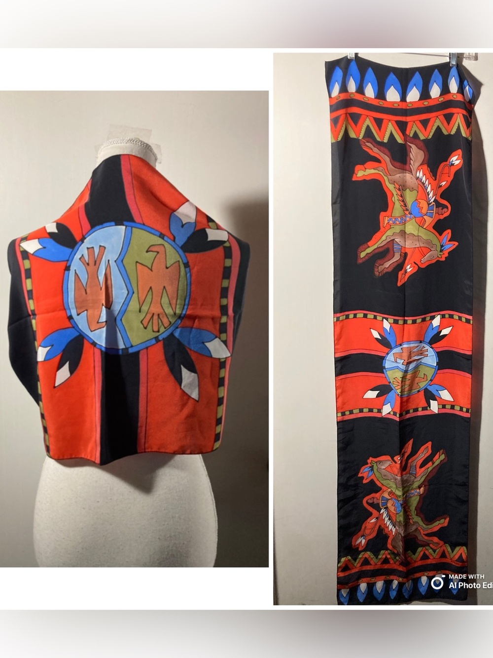 KasAga Miron Vintage Silk Scarf/Shawl Hand Painted Southwest Design 66”X17”